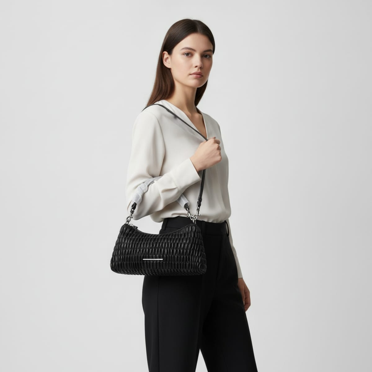 Borsa a Spalla Calvin Klein Effetto Arricciato Nera