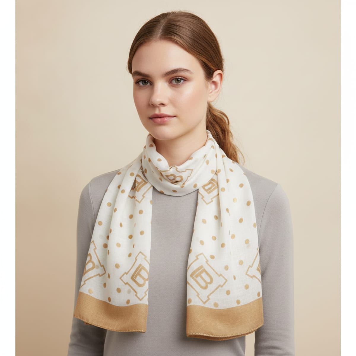 Foulard 'Laura Biagiotti ' con Logo e Pois - Bianco/Oro