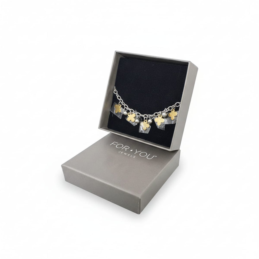 Bracciale For You Jewels con charm quadrifoglio e perle, Argento e Oro