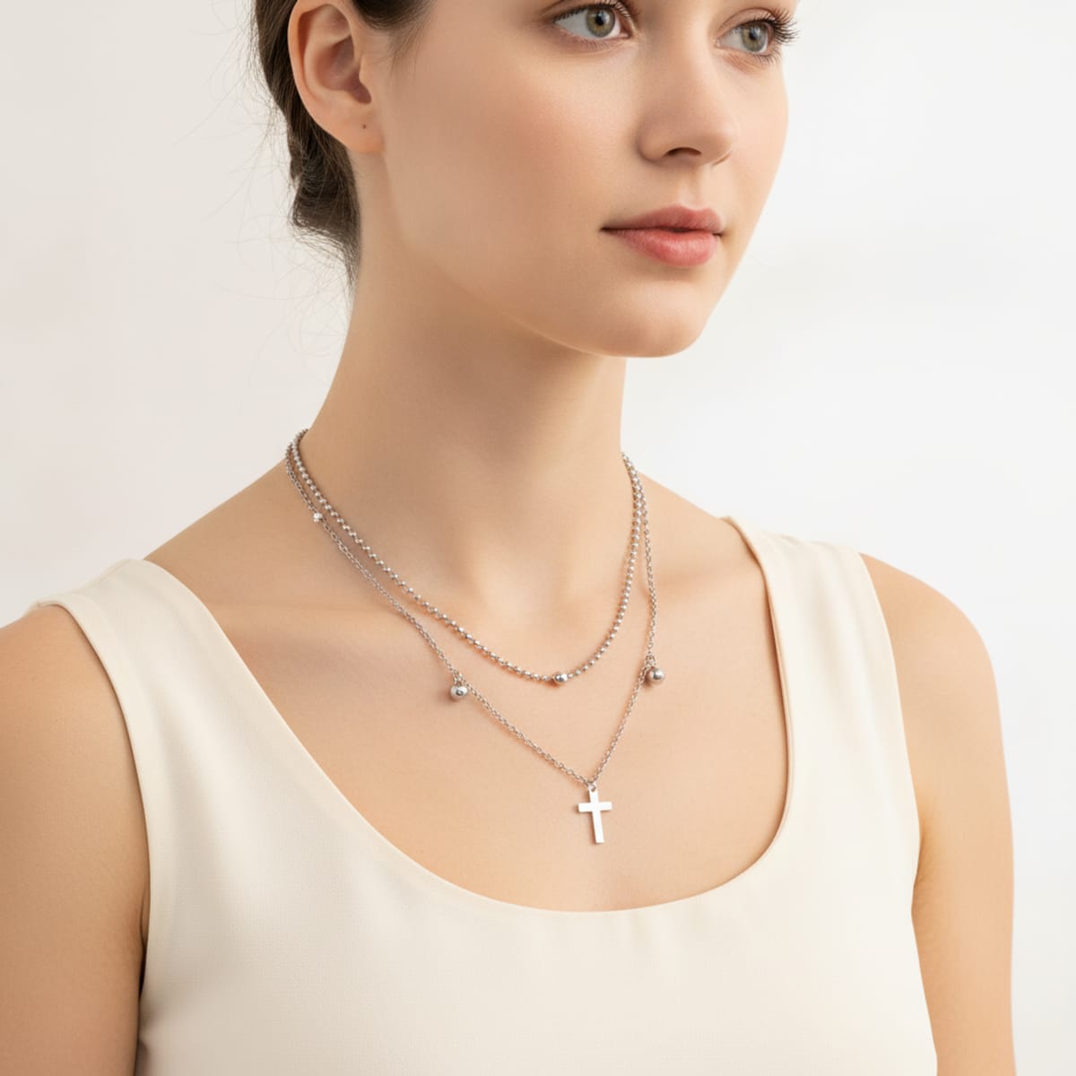 Collana Doppia 4YOU Jewels in Acciaio Inossidabile con Croce e Sfere