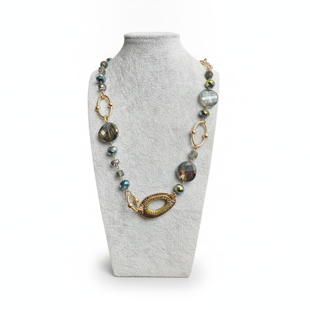 Collana Lunga Colpi di Testa con Perle Iridescenti e Dettagli Dorati