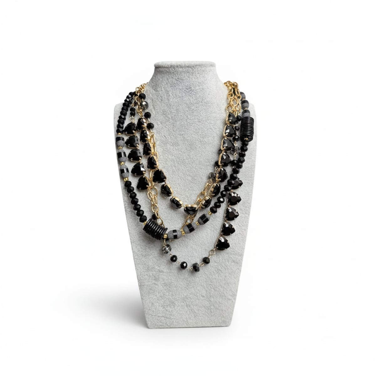 Collana Multistrato Nera e Oro con Cristalli e Perline - Made in Italy